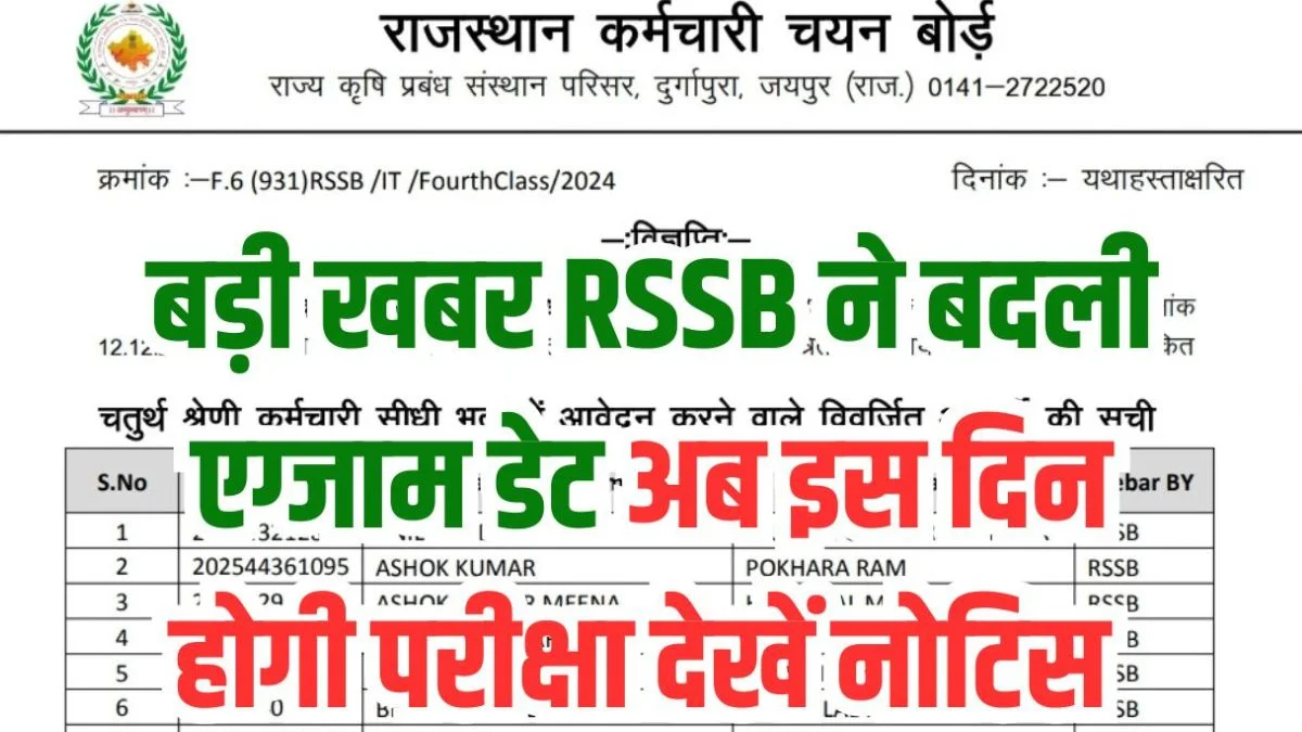 RSSB Exam Date Change 2025: राजस्थान कर्मचारी चयन बोर्ड ने बदली एक परीक्षा तिथि, नई डेट, ऑफिशियल अपडेट और 4th ग्रेड शेड्यूल